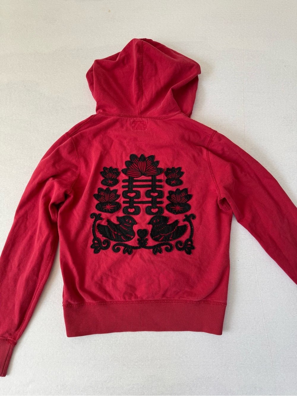 Vintage Y2K Lucky Brand Embroidered Double Happiness Zip Up Hoodie Red Lotus